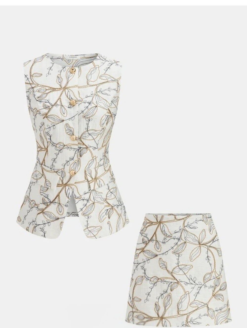 Commense Cream Floral Print Metal-Button Vest & Mini Skirt Set